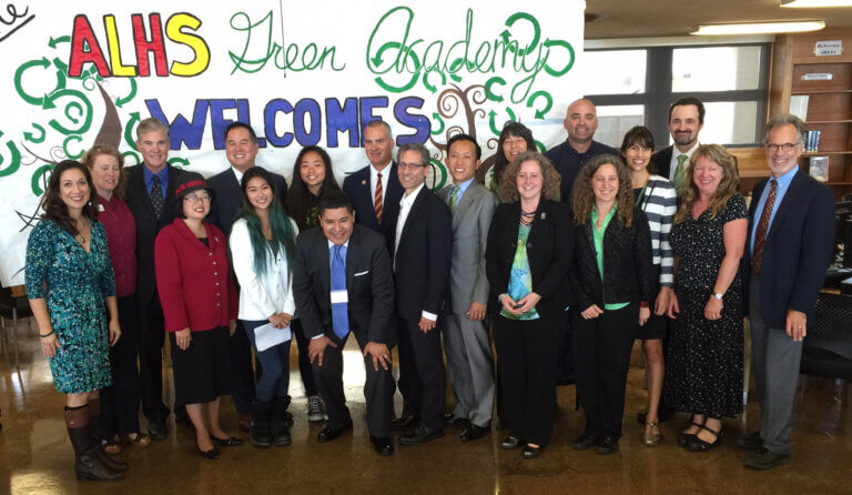 Members of the task force with students from ALHS, representatives from the California Department of Education (CDE), San Francisco assembly members, and education leaders from San Francisco